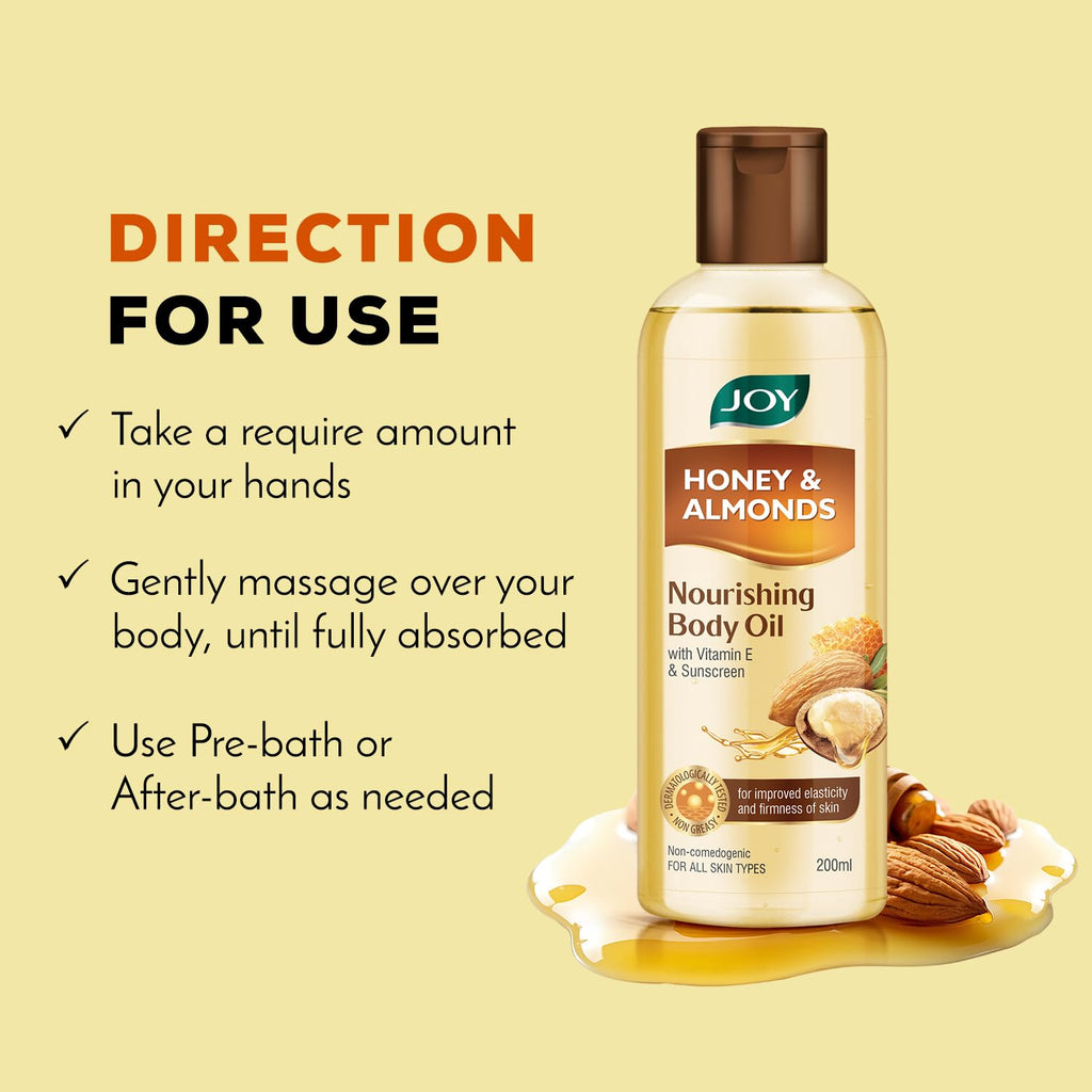 Joy Honey & Almonds Body Oil â€“ After-Bath Daily-Use Badam Massage Oil with Vitamin E & Sunscreen | Full-Body Relaxation, Dry-Skin & Winter Moisture | 200 ml