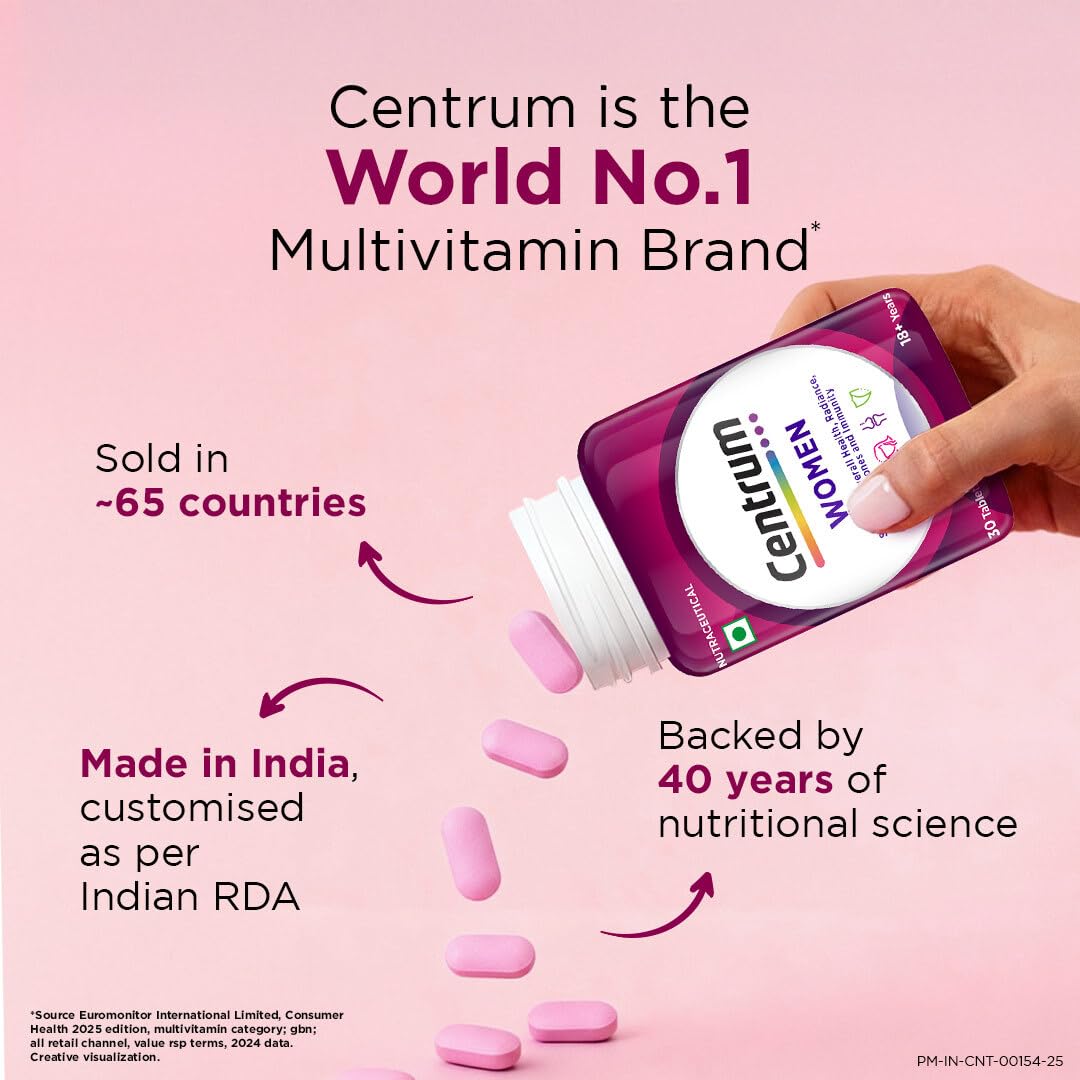 Centrum Women, World's No.1 Multivitamin with Biotin, Vitamin C & 21 vital Nutrients for Overall Health, Radiance, Strong Bones & Immunity (Veg) Pack of 30 Tablets