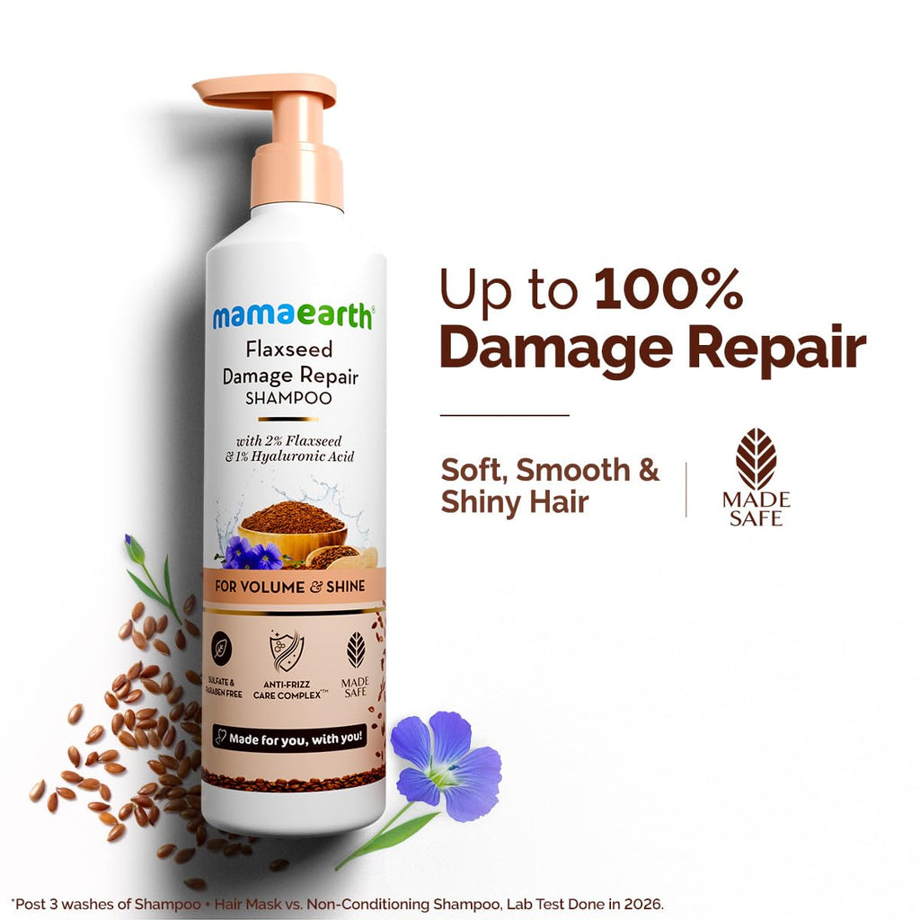 Mamaearth Flaxseed Damage Repair Shampoo with 2% Flaxseed, 1% Hyaluronic Acid, Ceramides for Volume & Shine | 100% Damage Repair | Soft, Smooth & Shiny Hair | Dry & Frizzy Hair | Sulphate & Paraben Free | 250 ml