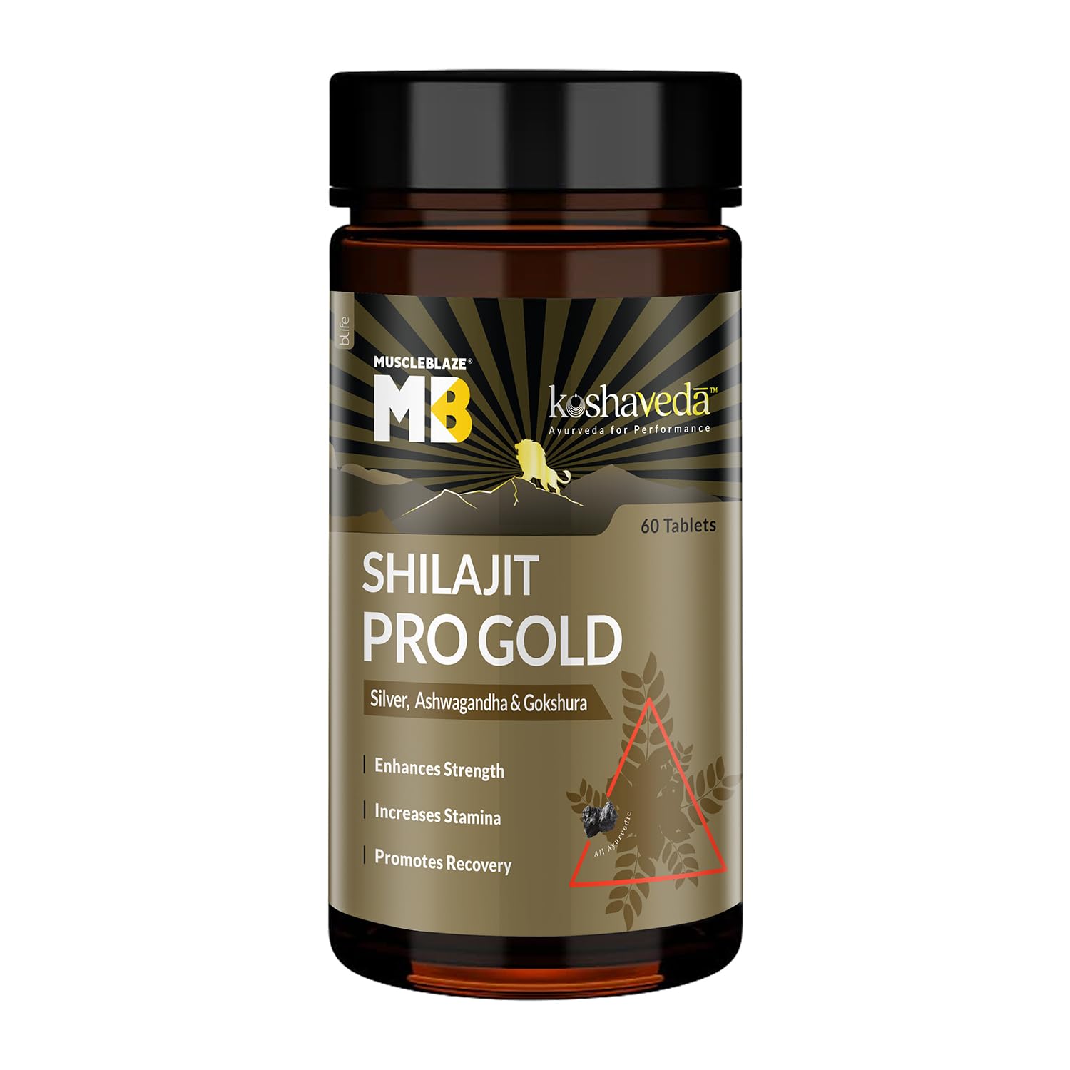 MuscleBlaze Koshaveda Shilajit Pro Gold by (60 Tablets) | Fortified with 24 Carat Gold, Shilajit, Ashwagandha & Gokshura | For Strength, Stamina & Recovery