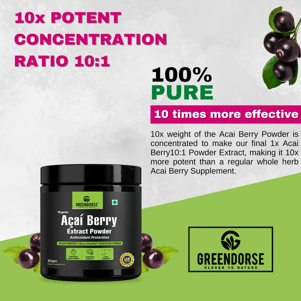 GREENDORSE Acai Berry Extract Powder, 10x Concentrated | SUPERFOOD Rich in 19 amino acids, Muscle building Fibres, Antioxidant & Collagen boosting Vitamin C | Supports Brain, Liver & Heart Functioning- 50g