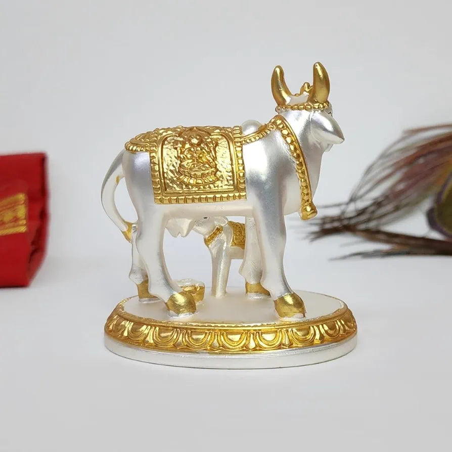 Gold Art India Kamdhenu Cow with Calf Idol Gold Silver Plated with Matte Finish 3.1 Inch