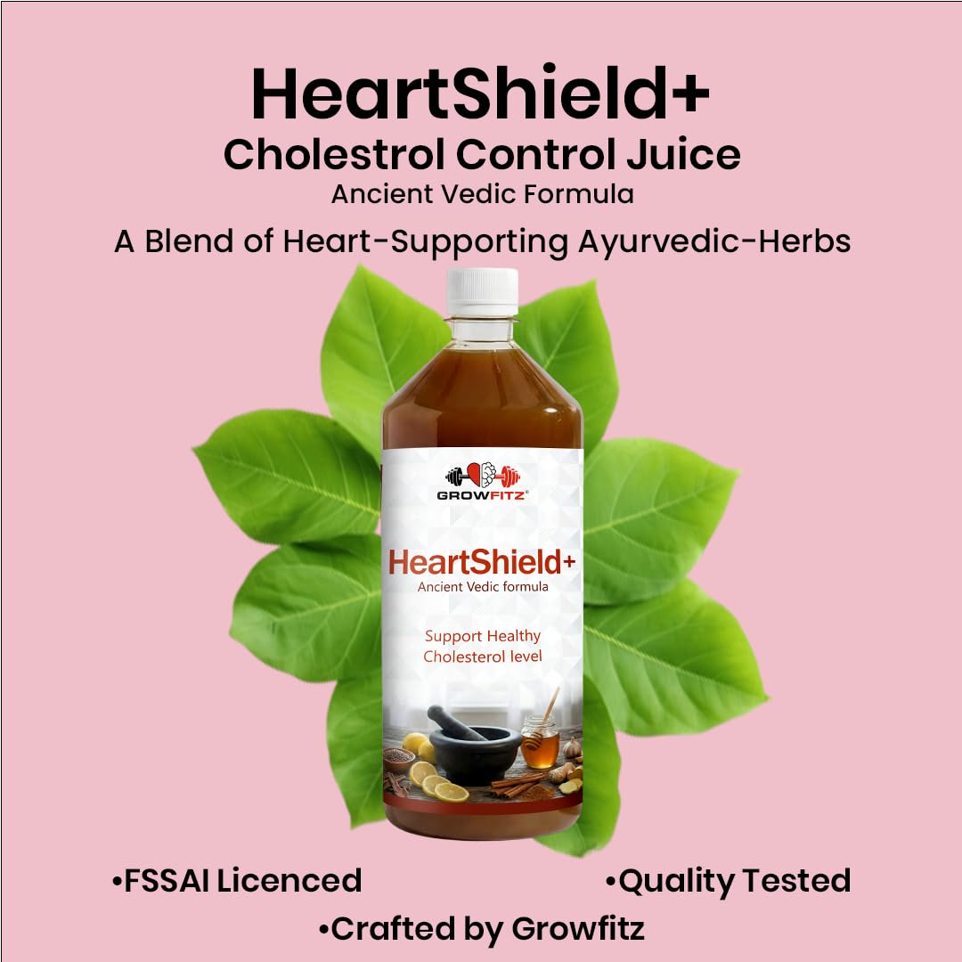 Growfitz Vedic Formula Cholesterol Care Juice 1L | Supports Healthy Heart & Cholesterol Balance | Healthy BP levels | Flaxseed, Arjuna, Garlic, Ginger, Cinnamon & Lemon | No Added Sugar |