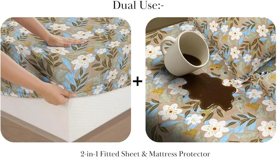 Homekart Waterproof Fitted Bedsheet for King Leakproof Elastic Bed Sheet with 2 Pillow Covers Green & White