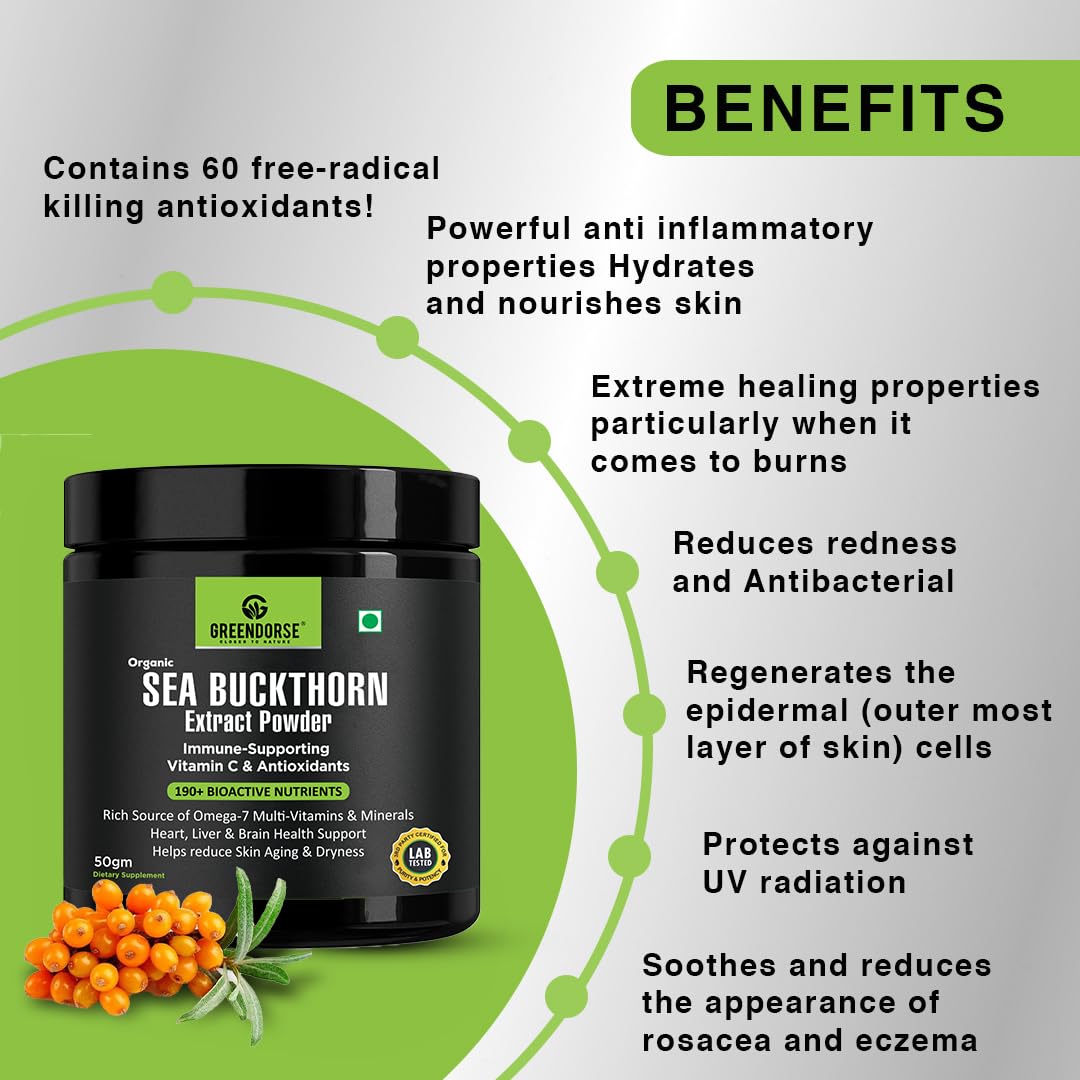 GREENDORSE Himalayan Sea Buckthorn (Omega-7) Extract Powder, SUPERFRUIT with 190+ Active Nutrients, Omega, Antioxidants Protection, Supports Brain, Liver & Heart Functioning- 50g