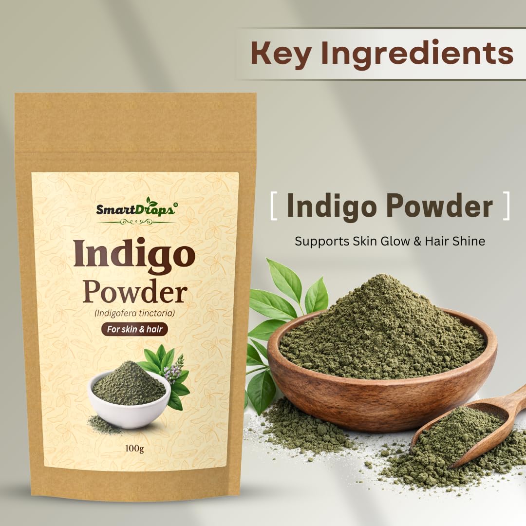 Smartdrops Indigo Powder for Hair and Skin Care | Enhances Natural Hair Color | Strengthens Hair Roots | Revitalizes Skin Tone and Brightness | Prevents Skin Dryness and Dullness | 100g (Pack-1)