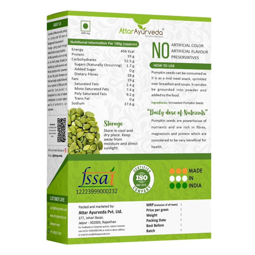 Attar Ayurveda Raw pumpkin seeds for eating (250 grams) | Protein and Fiber Rich Superfood | Unsalted, unroasted