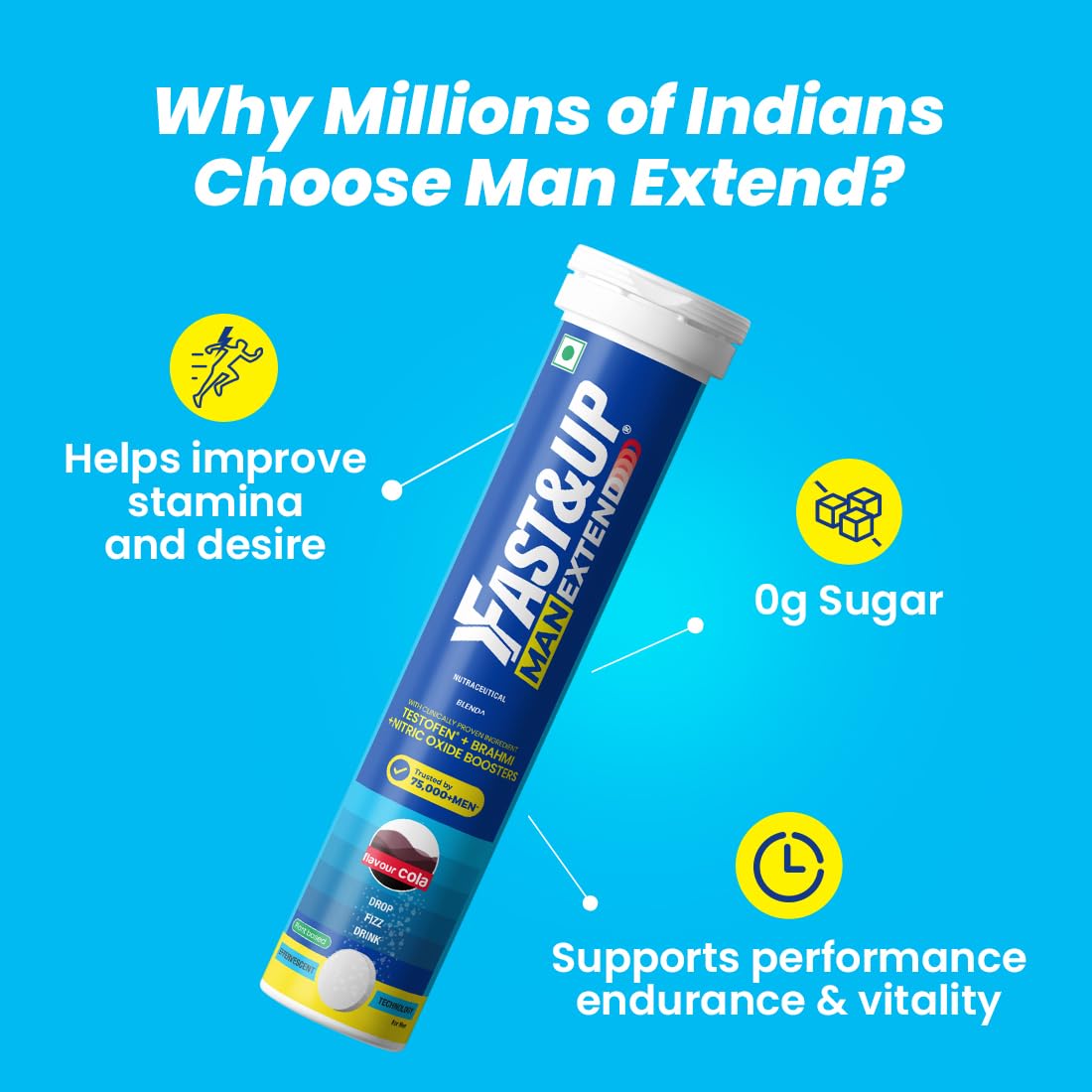 Fast&Up Man Extend | TestofenÂ® Fenugreek Extract |Nitric Oxide Booster + Energizing Blend | Shatavari | Brahmi| Helps Improve Vitality & Stamina | Pack of 20 Effervescent (Cola Flavour)