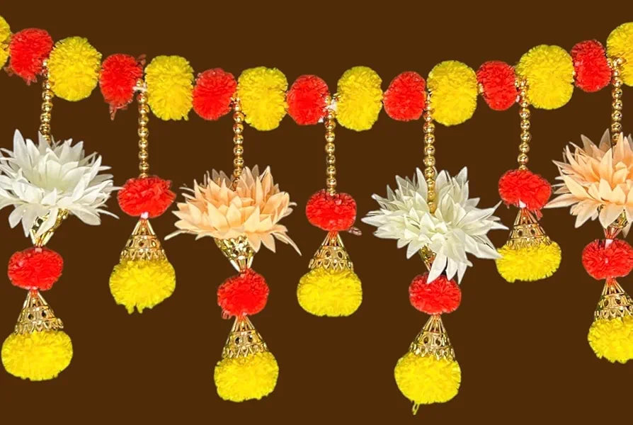 Handcrafted Decorative Bandanwar with Marigold Artificial Flowers Bells & Beads 40x9 Inches