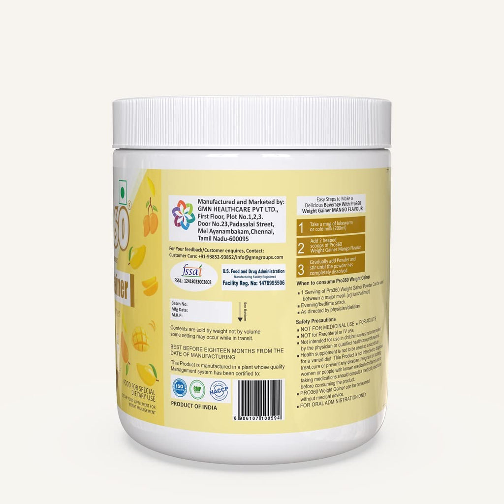 Pro360 Weight Gainer High Protein Powder - Calorie Rich Complete Nutritional Supplement - Triple Protein Source with 25 Vital Nutrients for Men & Women - 250G (Mango)