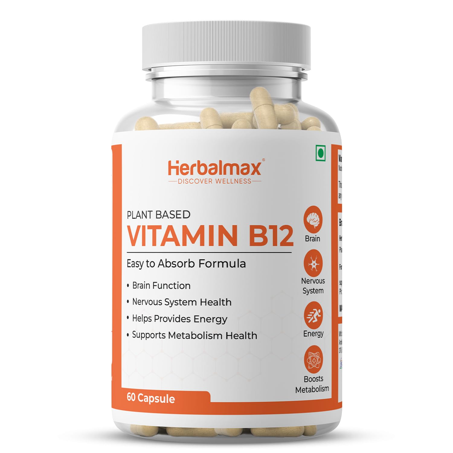 Herbalmax Plant-Based Vitamin B-12 2.2mcg â€“ 60 Veg Capsules | Boost Energy & Metabolism, Supports Healthy Nervous System, Brain Function, Mental Clarity & Focus for Men & Women
