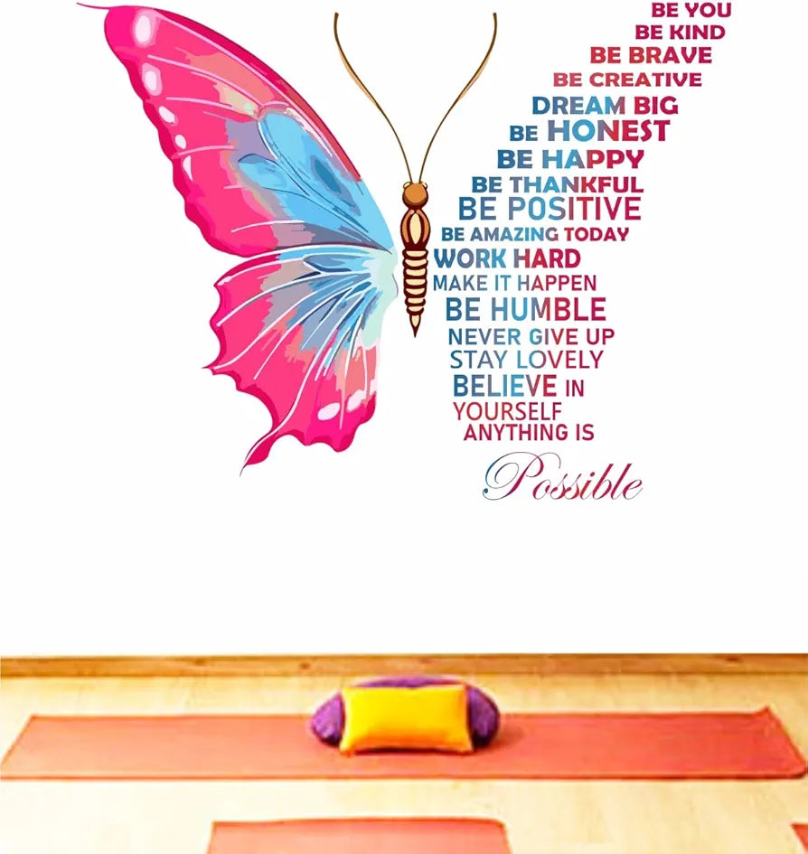 Decal O Decal Vinyl Butterfly with Motivational Quotes Wall Stickers self-adhesive 90 cm Pink Butterfly with Life Improvement Positiv
