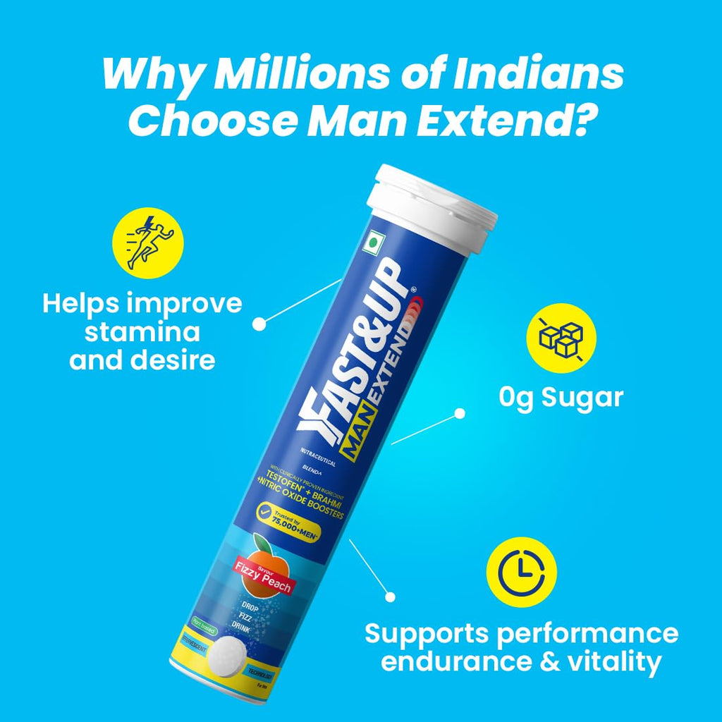 Fast&Up Man Extend | TestofenÂ® Fenugreek Extract |Nitric Oxide Booster + Energizing Blend | Shatavari | Brahmi| Helps Improves Vitality & Stamina | Pack of 20 Effervescent (Peach Flavour)