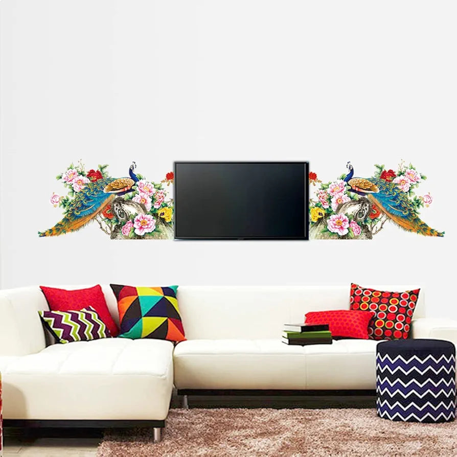 Rangoli New Modern Art Two Aesthetic Beautiful Peacocks Large Wall Sticker Size-50cm*70cm, PVC