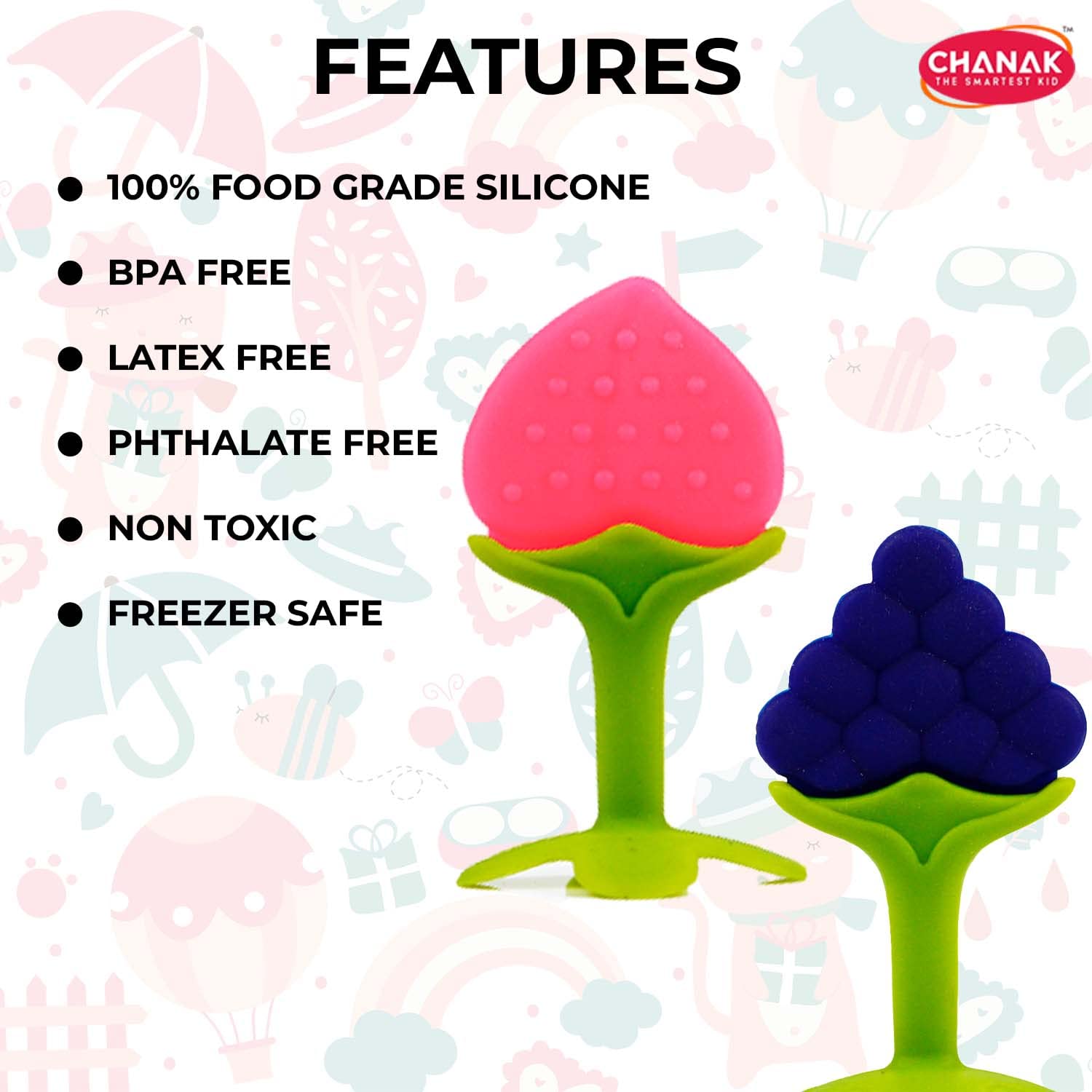 Chanak Baby Silicone Teether Fruit Teether for Toddlers Blue & Pink
