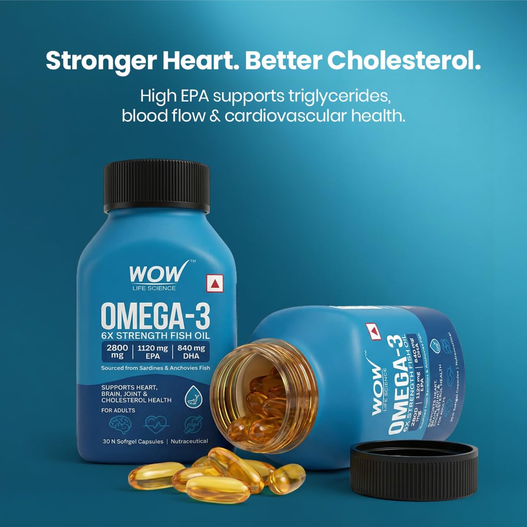 WOW Life Science Omegaâ€‘3 6X Strength Fish Oil Softgel Capsules | 2800 mg Fish Oil with 1120 mg EPA & 840 mg DHA | Supports Heart, Brain & Joint Health | Sourced from Sardines & Anchovies | 30 Softgel Capsules