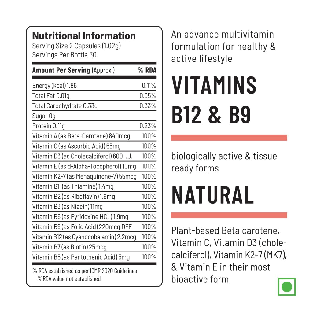 Unived Wholefood Multivitamin for Women | Vegan Plant-Based Multivitamins A, B-Complex, C, D3, E, & K2-7| Natural, Wholefood Plant Based, & Vegan | 60 Capsules