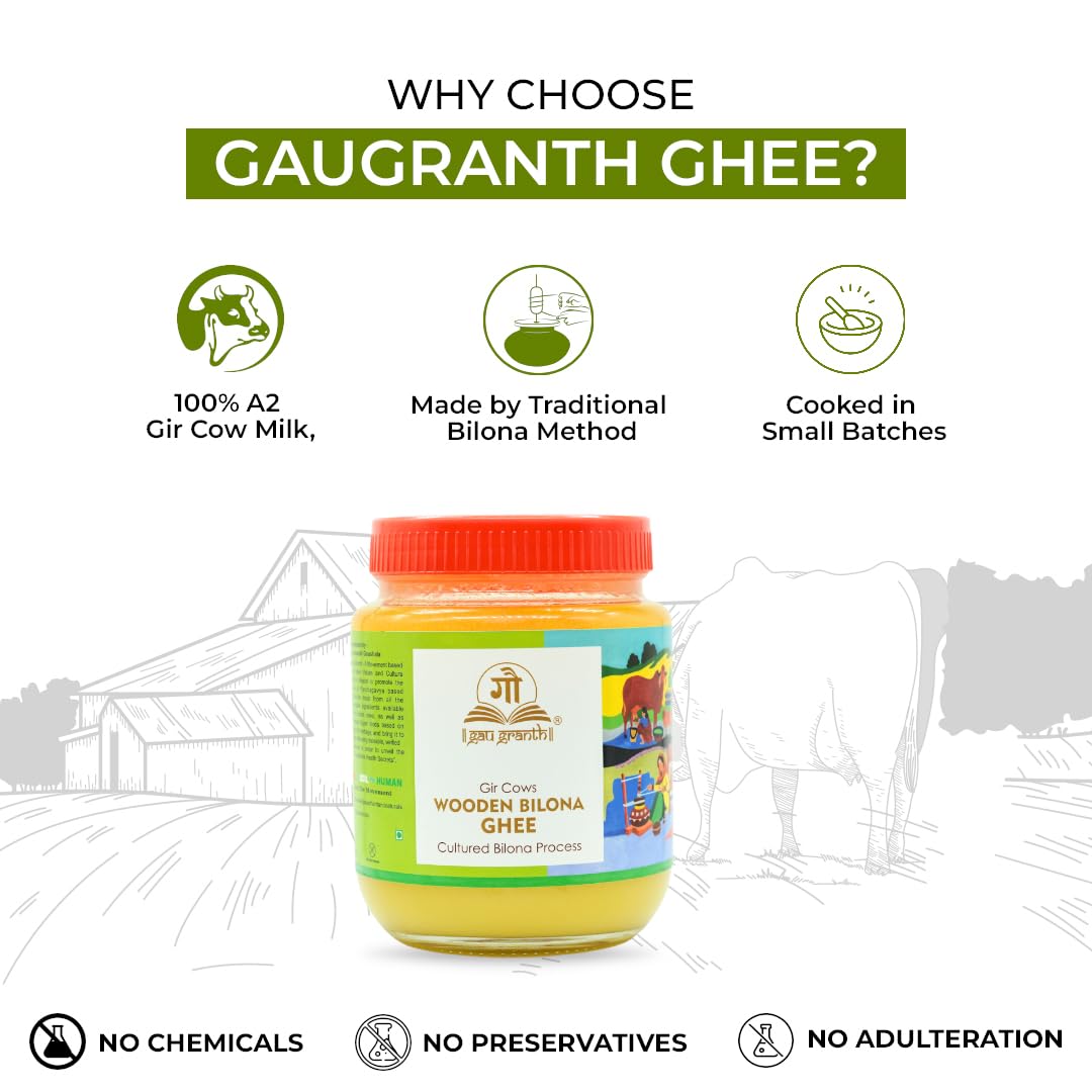 cow ved GauGranth A2 Gir Cow Ghee – 500ml (Pack of 1) | Traditional Wooden Bilona Desi Ghee | Hand-Churned from Grassfed A2 Gir Cow Milk | 100% Pure, Natural & Healthy | Vedic Method | Glass Jar Packaging
