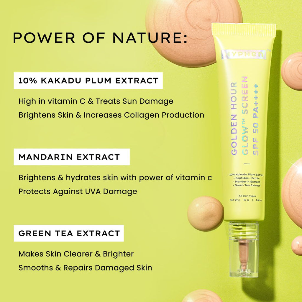 Hyphen Golden Hour Glow Sunscreen Spf 50 Pa++++ Dewy Glow & Bright Skin| Vitamin C Rich-10% Kakadu Plum & Peptides| Winter Sunscreen Moisturizer for Women & Men|Lightweight & Non Greasy, Uv & Blue Light Protection|Dry & All Skin Types - 40G