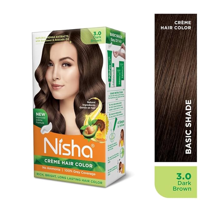 Nisha Creme Hair Color Dark Brown, Permanent Hair Colour for Women Men 3.0 Dark Brown Hair Colour - 120 Gms