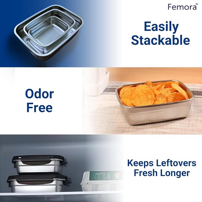 Femora Lunch Box High Steel Rectangle Heavy Duty Airtight Leakproof Unbreakable Storage Container With Lock Lid | 350 Ml | Set of 3