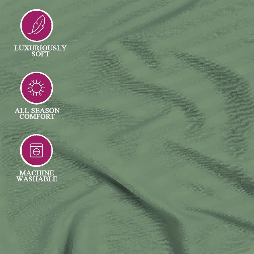 Trance Home Linen 100% Cotton 78x66 inch 200TC Satin Stripe Elastic Fitted Bedsheet Daily Use Double Bed Fitted Bedspread with 2 Pillow Covers Colour Moss Green
