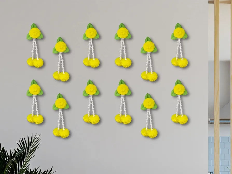 Plastic Artificial Flowers And Leaves Decoration Pack of 12 - Yellow & Green