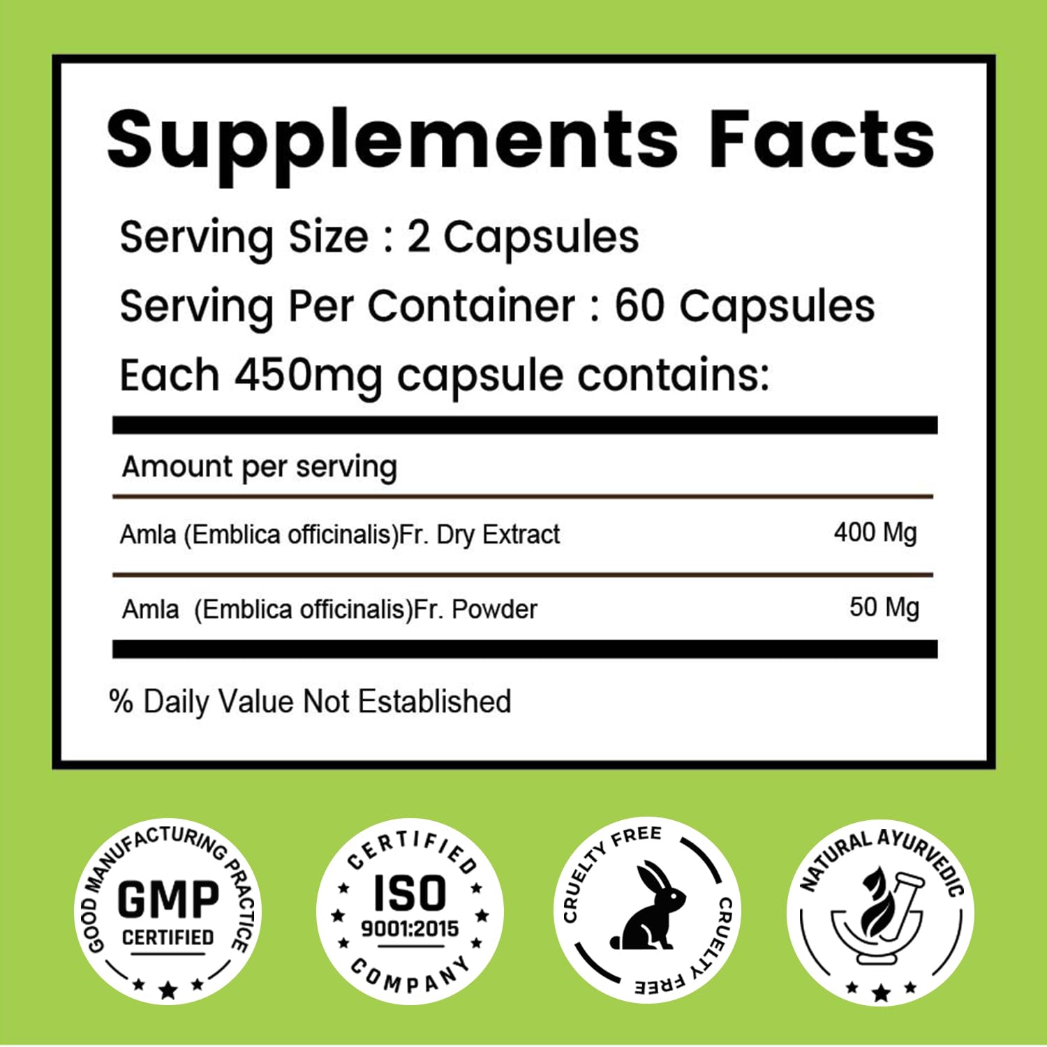 Amla Capsules 60_ Organic Hair Growth & Vitamin C Herbal Supplement Antioxidant Immunity Enhancer Natural Source of Vitamin C (Pack of 1)
