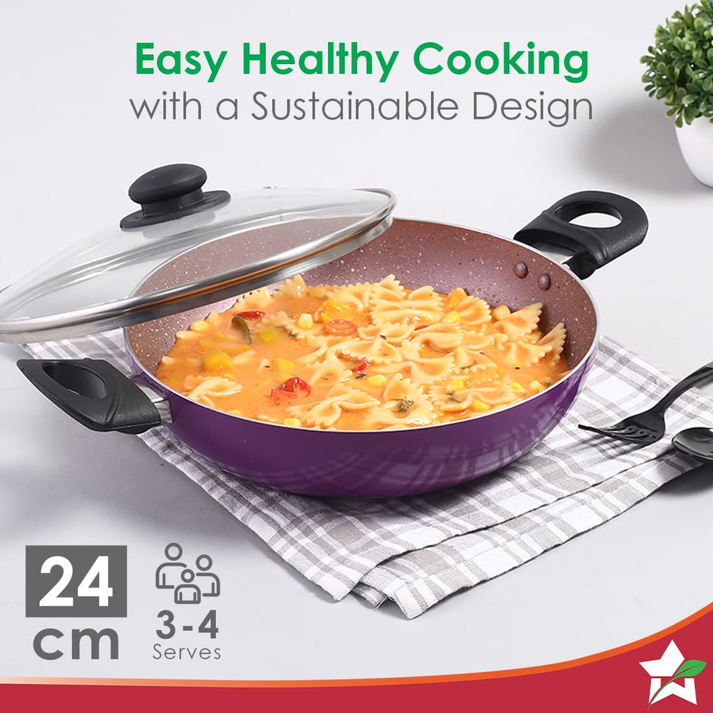 Wonderchef Valencia Non-stick 24 Cm Kadhai With Glass Lid | Purple