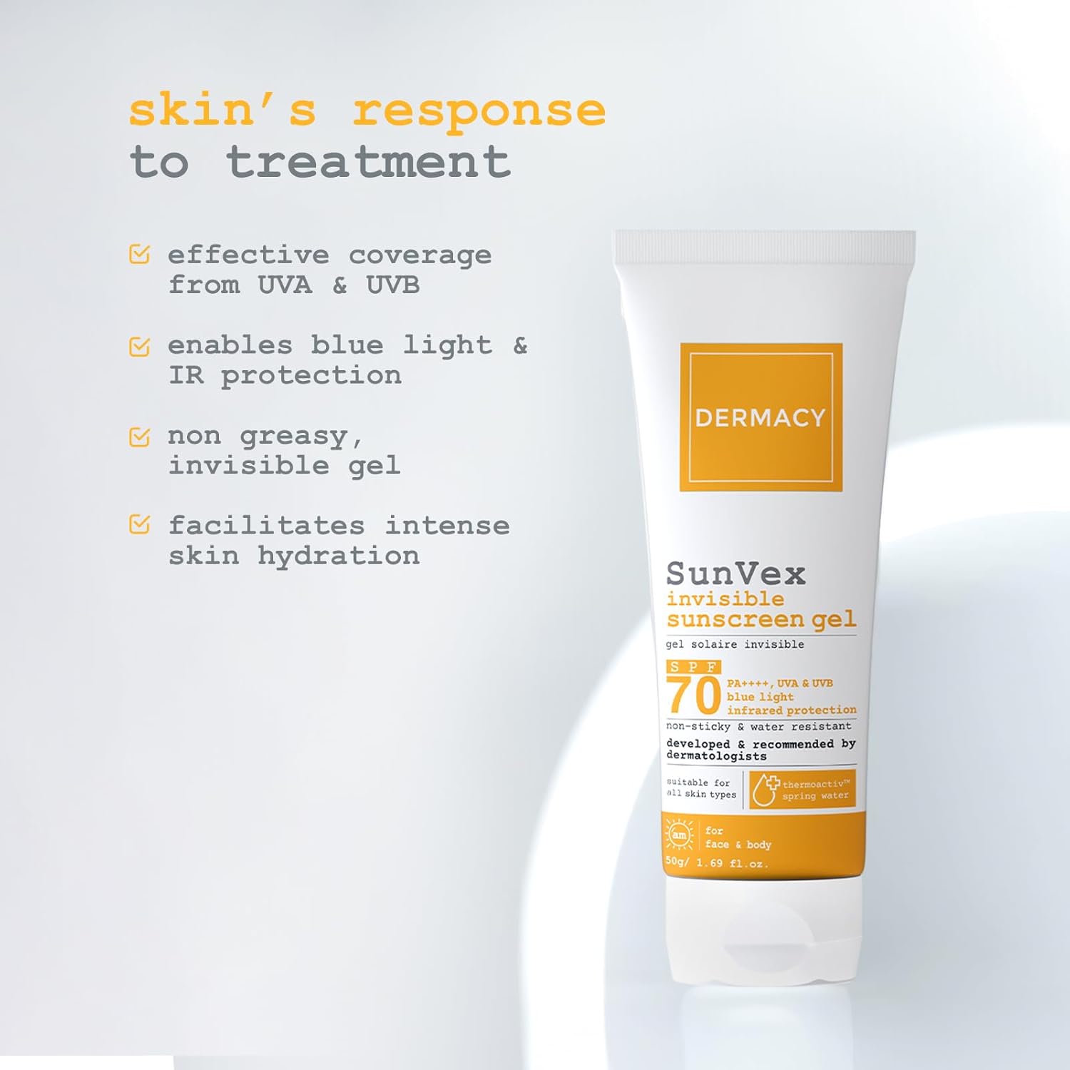 Dermacy Sunvex Invisible Sunscreen Gel | SPF 70 PA++++ | Non - Sticky, Effective Sun Protection | Suitable For All Skin Types | For Women and Men | 50g