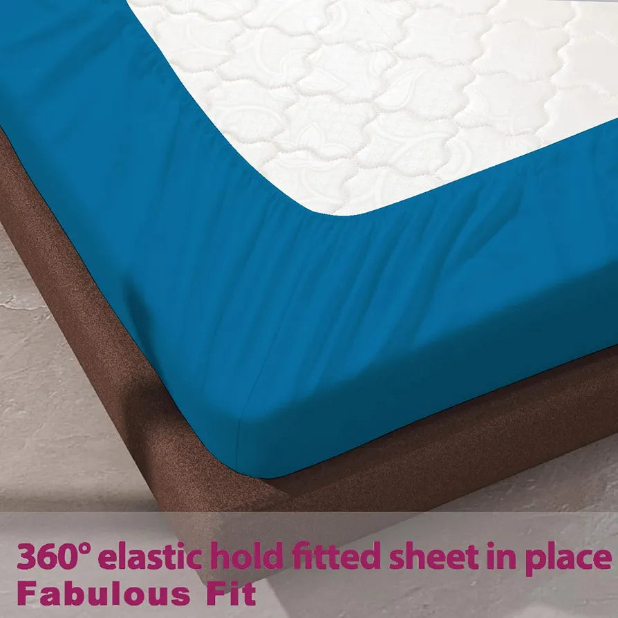 Trance Home Linen 100% Cotton 78x60 inch Queen Elastic Fitted Bedsheet 400TC Premium Queen Double Bed Size with 2 Pillow Covers Colour Peacock Blue