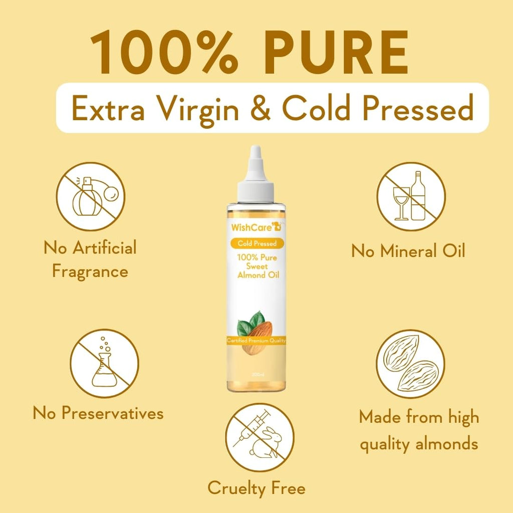WishCareÂ® Pure Cold Pressed Sweet Almond Oil for Hair Growth and Glowing Skin & Face - 200ml