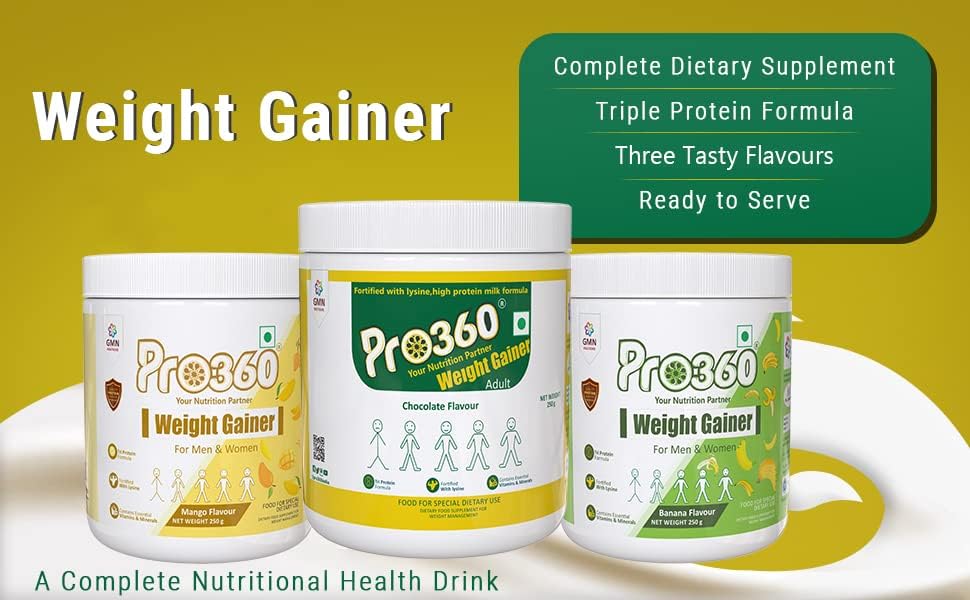 Pro360 Weight Gainer High Protein Powder - Calorie Rich Complete Nutritional Supplement - Triple Protein Source with 25 Vital Nutrients for Unisex - 250 grams (Banana)