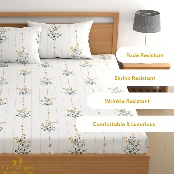 Dreamlet All Around Elastic Supersoft 210tc Premium Cotton Elastic Fitted Bedsheets With 2 King Size Pillow Covers | Off White and Yellow