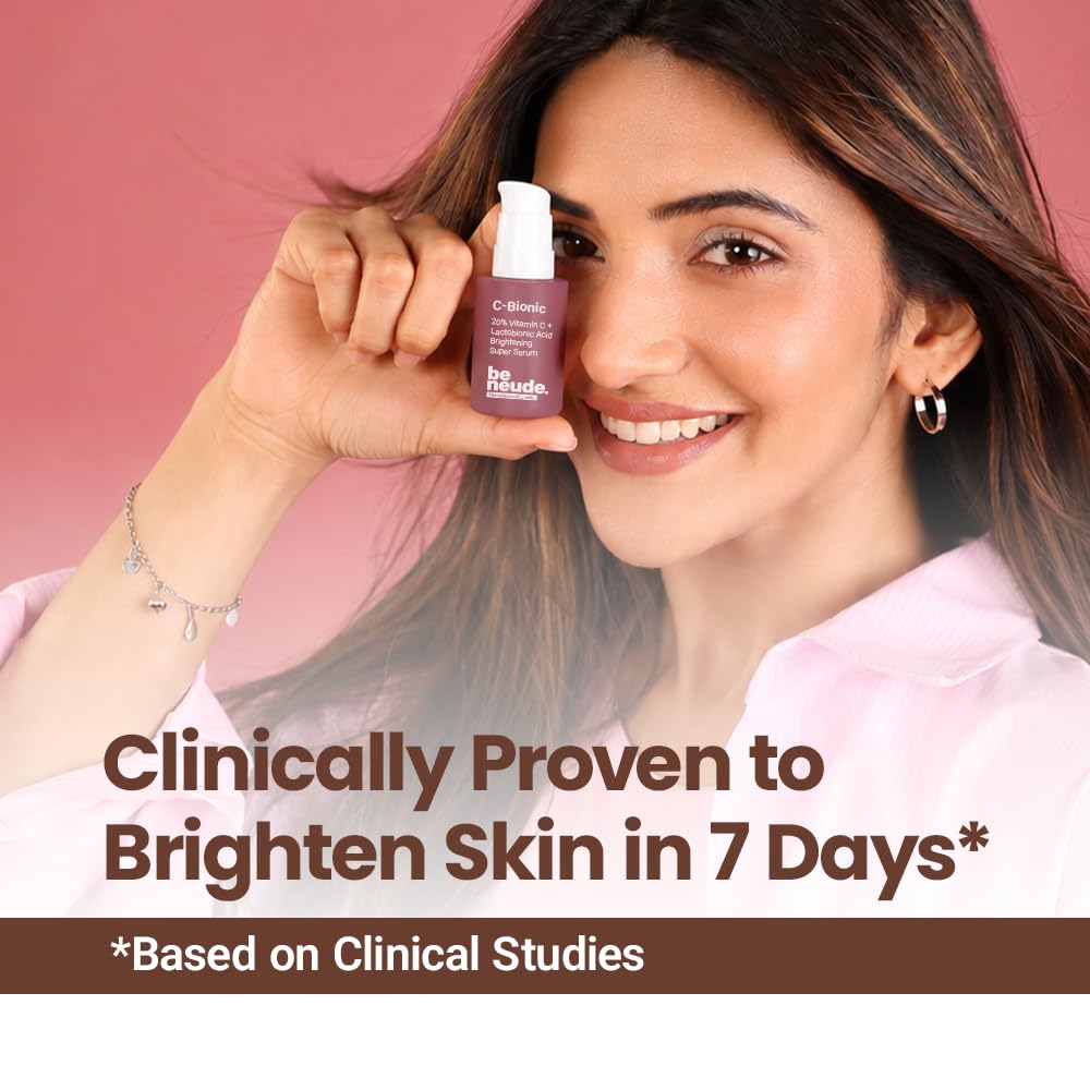 Be Neude C-Bionic 20% Vitamin C Serum 30ml with Lactobionic Acid for Face Brightening & 24hrs Hydration with Vitamin E Red Algae Gel Kakadu Plum Glutathione for All Skin Types & Sensitive Skin Friendly