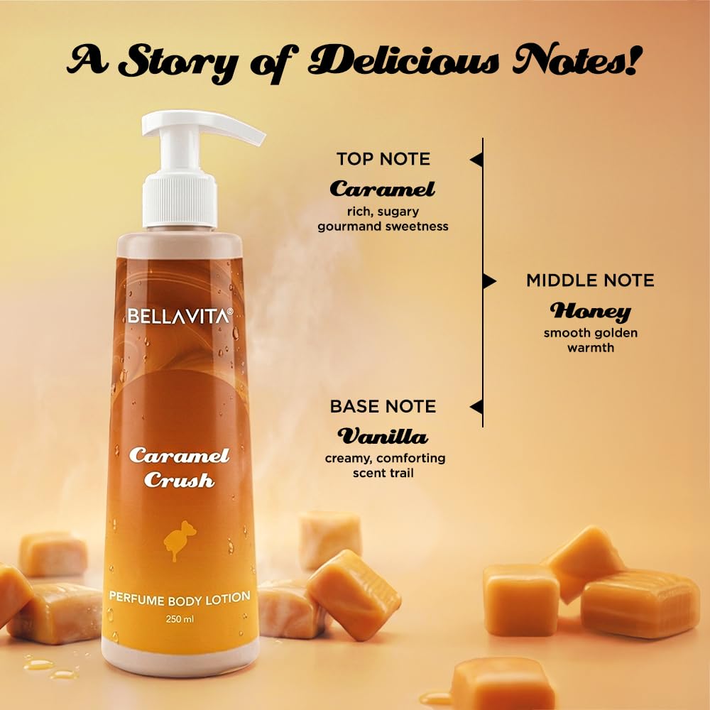 BELLAVITA Caramel Crush | Perfume Body Lotion for Man and Woman | Long-lasting Hydration | Soft & Smooth Skin | Long-lasting Scent | Paraben-free | Infused with Cocoa Butter & Glycerin | 250ml