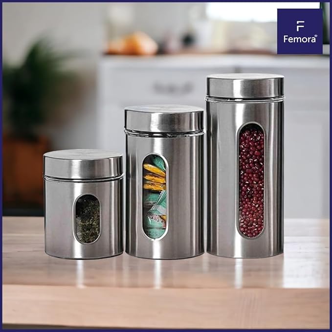 Femora Kitchen Storage Jars Steel Body With See Through Window Jar | 1000 Ml | Pack of 6