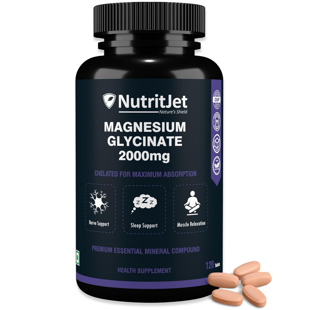 NutritJet Magnesium Glycinate Supplement 2000mg â€“ 120 Veg Tablets | Magnesium Supplement For Sleep, Cramps, Recovery, Nerve & Muscle Function