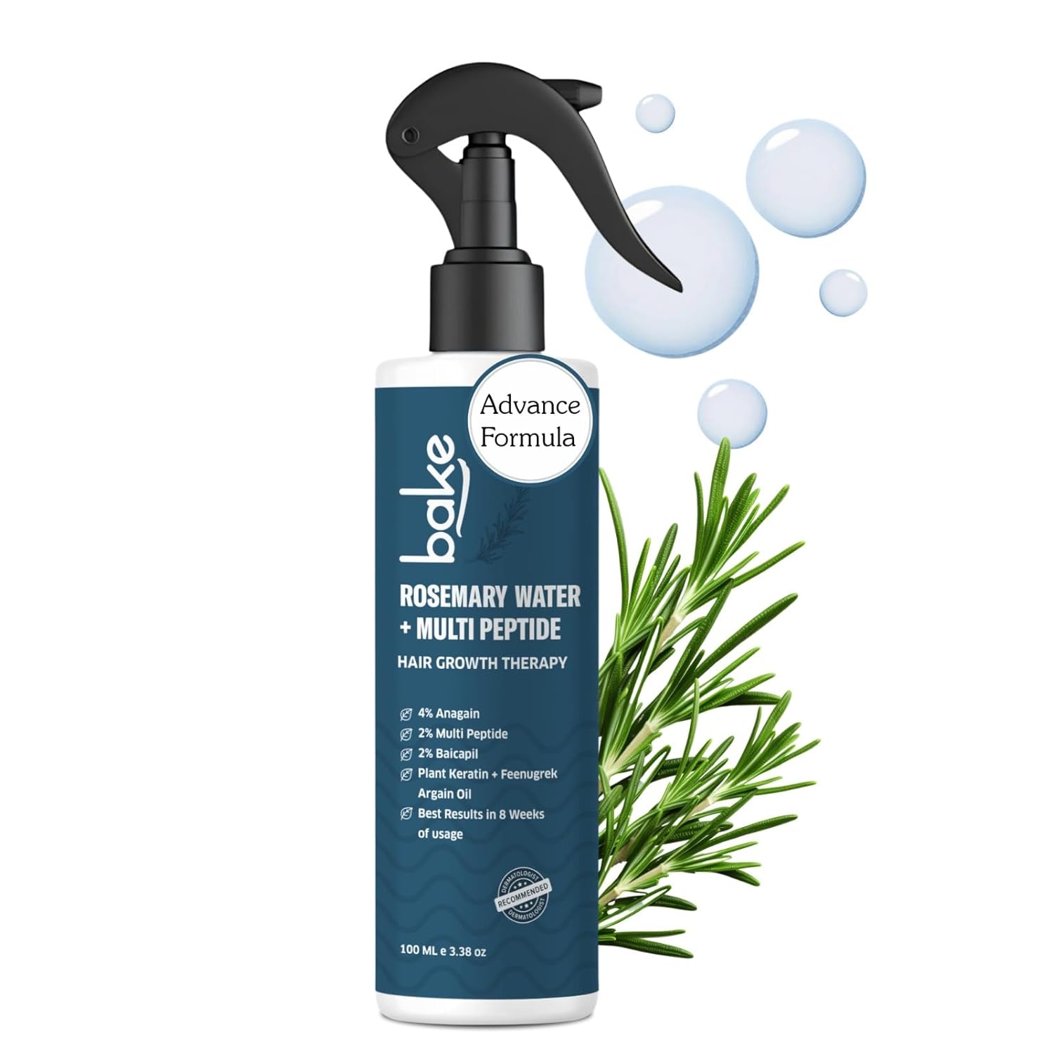 BAKE Rosemary Water Hair Growth Spray with Multi Peptides for Hair Fall Control & Hair Growth | 4% Anagain, 2% Baicapil, Plant Keratin | For Keratin Treated & Damaged Hair | 100ml