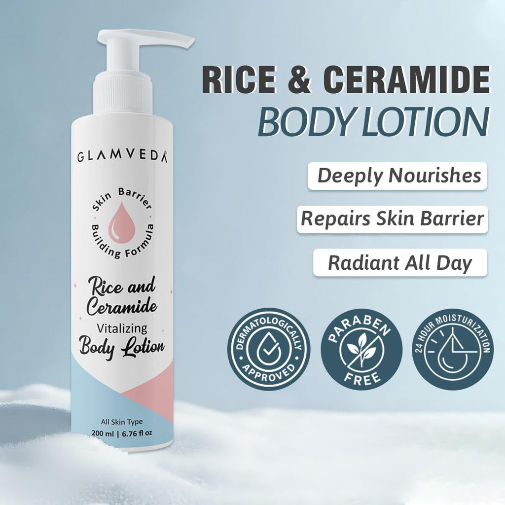Glamveda Rice & Ceramide Glass Skin Body Lotion Moisturizer 200ml | 24Hr Hydrating Deep Nourishment Moisture for Dry Skin | Non Greasy, Lightweight | For Glowing, Soft, Radiant & Repair Skin Barrier