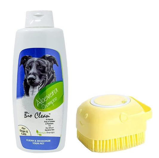 Pet Needs Bio Clean Dog Shampoo | for Dry, Itchy & Sensitive Skin Dog Aleovera Shampoo With Mini Soft Silicone Brush | 500 Ml