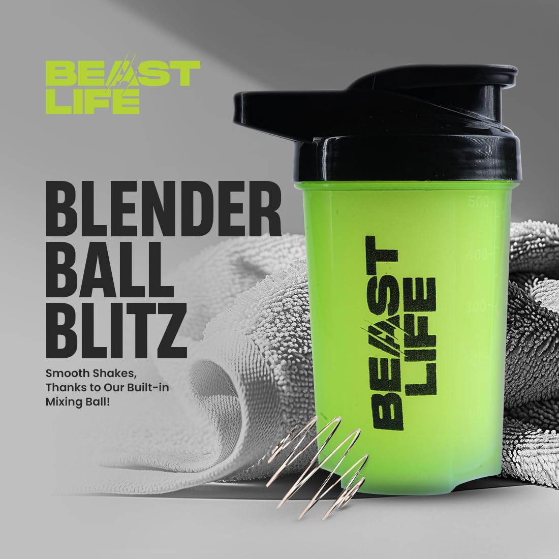 BEASTLIFE Plastic Shaker Bottle with Lid for Gym | Leak-Proof, BPA-Free Blender Bottle for Protein, BCAA & Pre Workout | All Drink Compatible | Easy to Carry