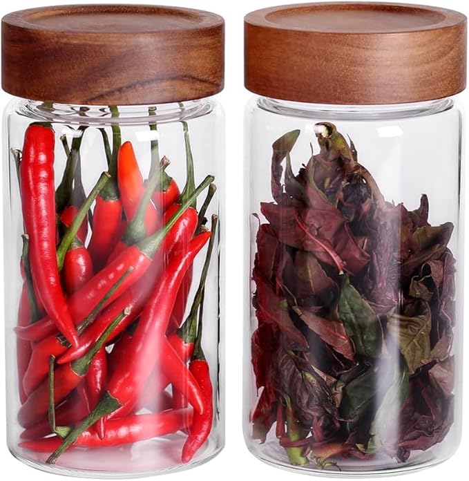 Femora Kitchen Storage Jars Borosilicate Glass With Wooden Lid Air Tight Jar | 750 Ml | Pack of 2 | Transparent