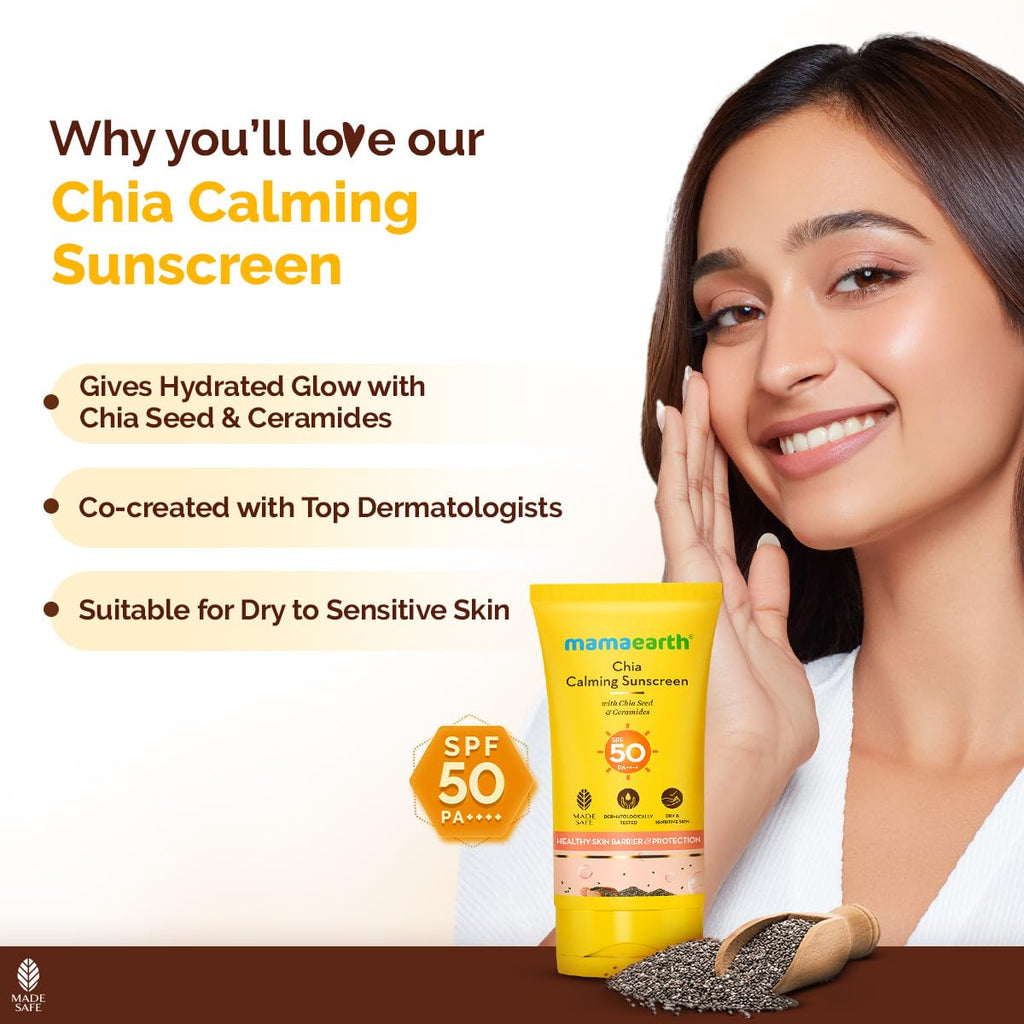Mamaearth Chia Calming Sunscreen with Chia Seed & Ceramides for Hydrated Glow & Sun Protection | SPF 50 PA++++ | Co-Created With Top Dermats | For Dry to Normal, Sensitive Skin | Healthy Skin Barrier | In-Vivo tested | 50 g
