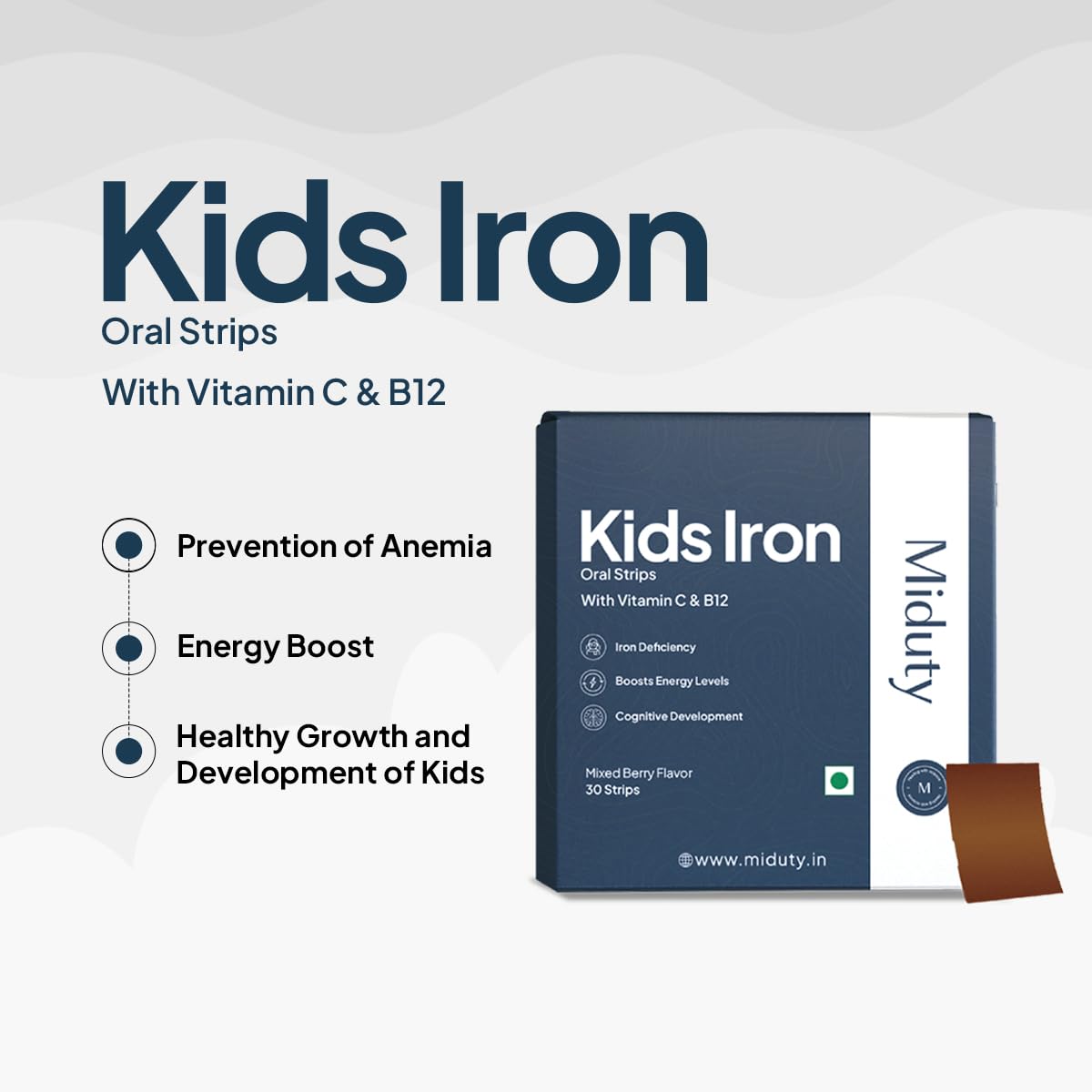Miduty by Palak Notes Kids Iron Strips for Kids - Dissolvable Strips for better Iron absorption - Energy Boost - Iron Supplement with Vitamin C & Vitamin B12 - Mixed Berry Flavour - 30 Oral Strips