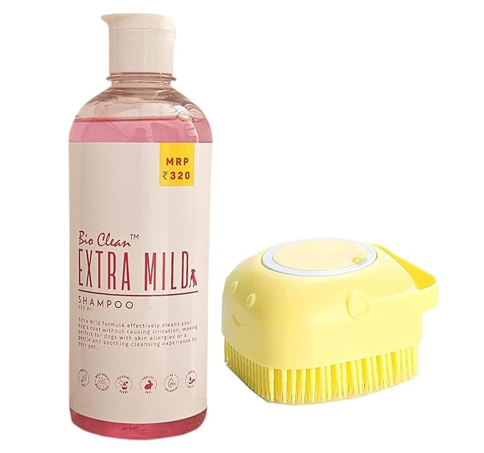 Pet Needs Bio Clean Extra Mild Dog Shampoo With Soft Silicone Shampoo Dispenser Brush | Moisturising and Gentle on Skin | 500 Ml