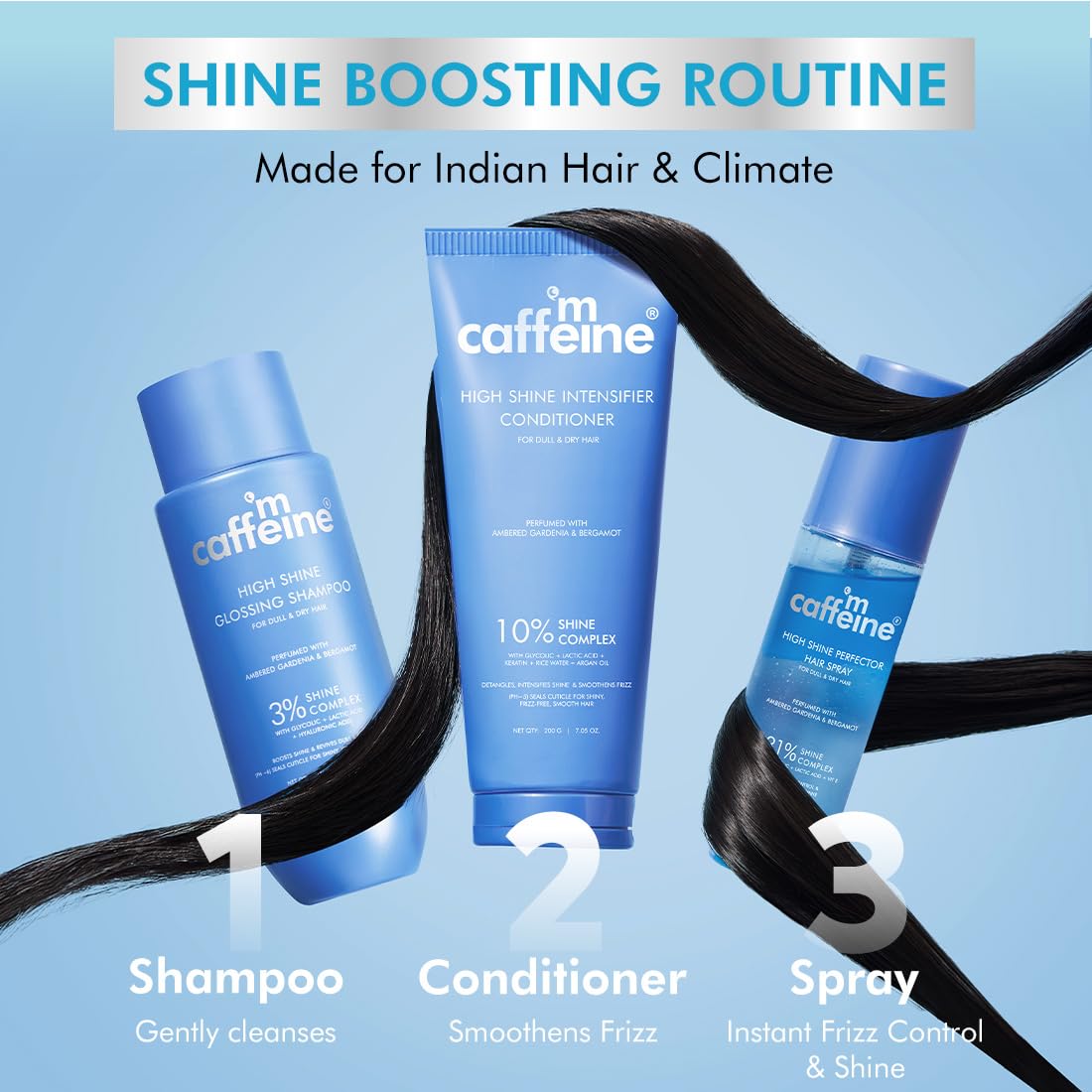 mCaffeine Glossy Hair Conditioner for Dry & Frizzy Hair| 10% Shine Complex with Glycolic Acid & Keratin| Smoothens Hair Fiber| 48 Hr Frizz Control| Fresh Floral Fragrance - 200ml