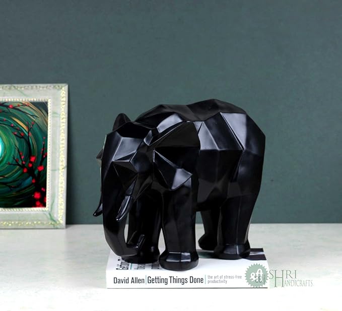 Indicast 8" Inch Abstract Black Elephant Sculpture Figurine Handicraft Home Desk Decor Geometric Resin Wildlife Statue | Black