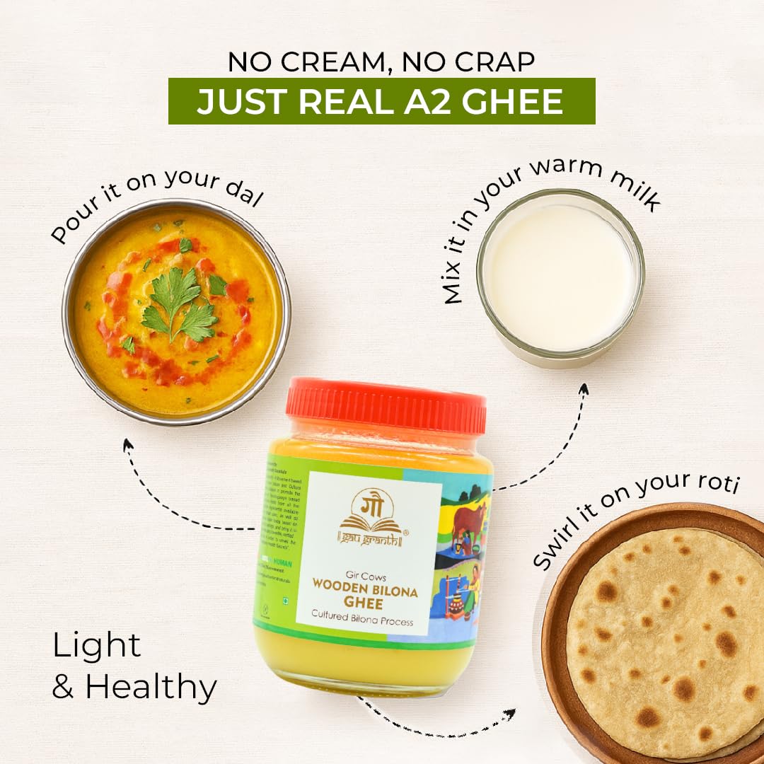 cow ved GauGranth A2 Gir Cow Ghee – 1 Ltr | Traditional Wooden Bilona Desi Ghee | Hand-Churned from Grassfed A2 Gir Cow Milk | 100% Pure, Natural & Healthy | Vedic Method | Glass Jar Packaging