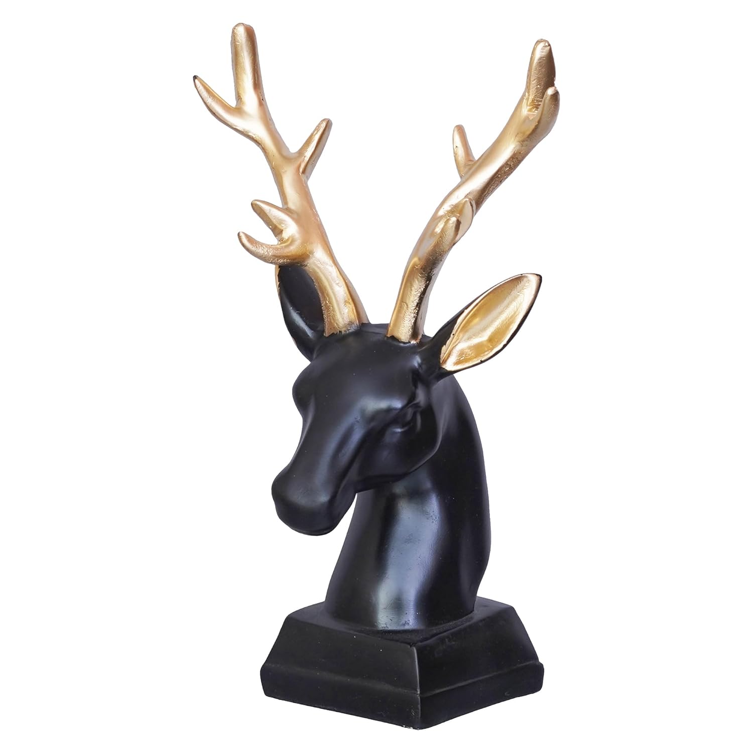 Ecraftindia Black Polyresin Reindeer Head Statue With Golden Antlers Animal Showpiece